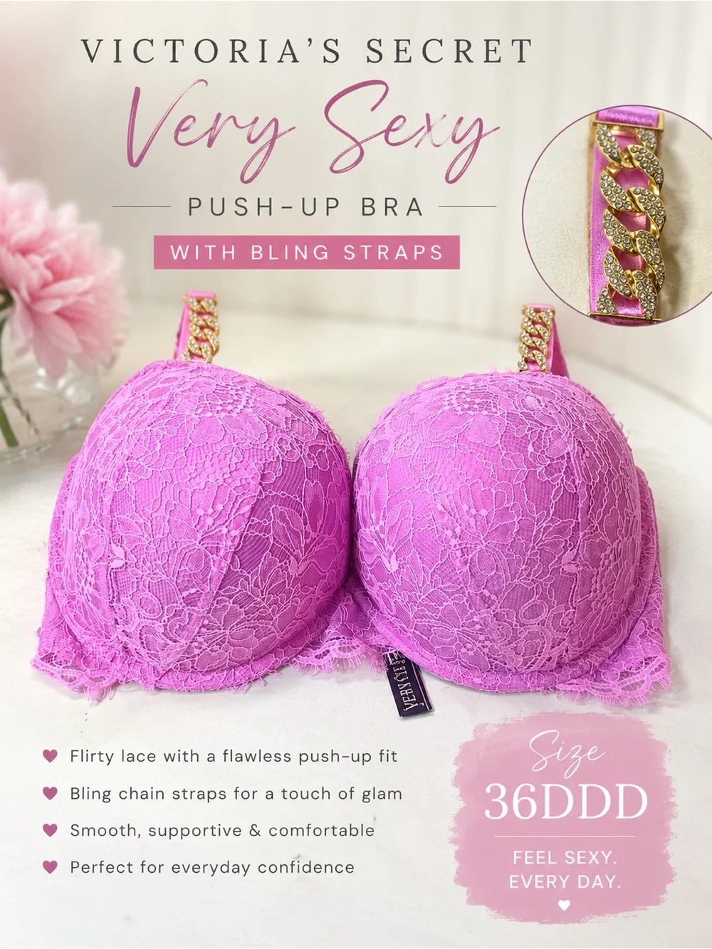EUC Victoria's Secret Very Sexy Pink Lace Push-Up Bra Gold Chain Straps | 36DDD